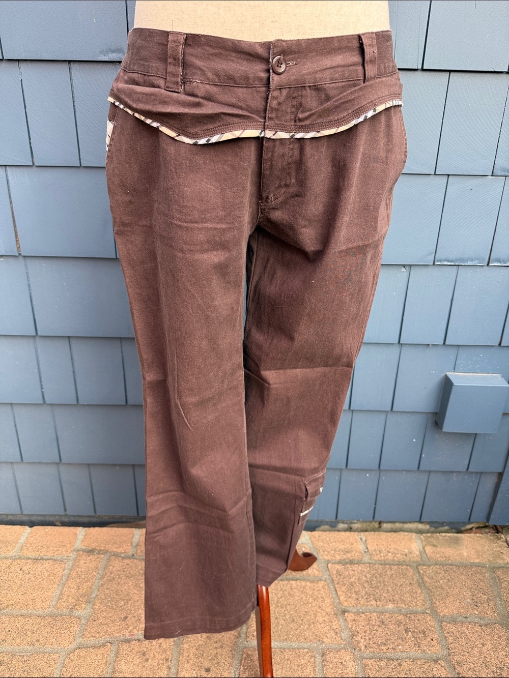 Burberry Brown Cropped Wide-Leg Pants with Plaid Trim 10/12 or 34 stretch